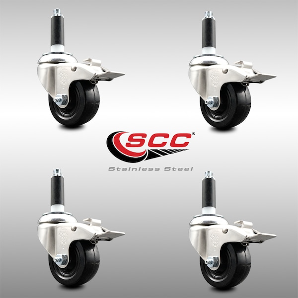 3 Inch 316SS Hard Rubber Wheel Swivel 3/4 Inch Stem Caster Set Lock Brake SCC